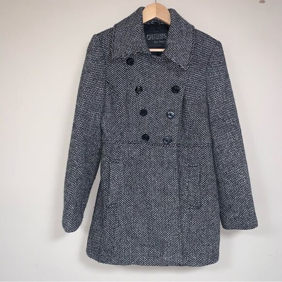 Guess Black Tweed Wool PeaCoat Women’s 8 Marbled Winter Jacket Fall Warm Preppy - Picture 1 of 8